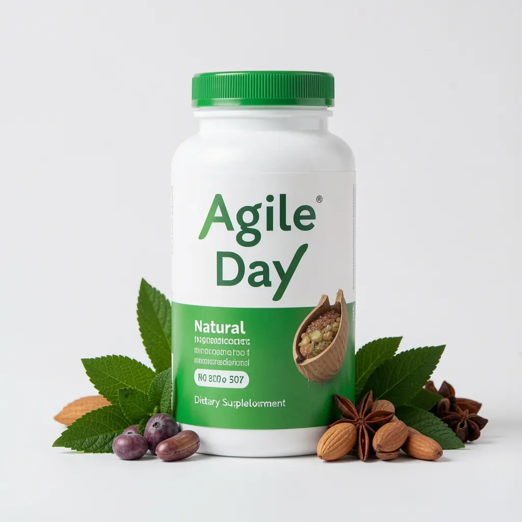 Agile Day dietary supplement bottle with natural ingredients displayed on a clean background